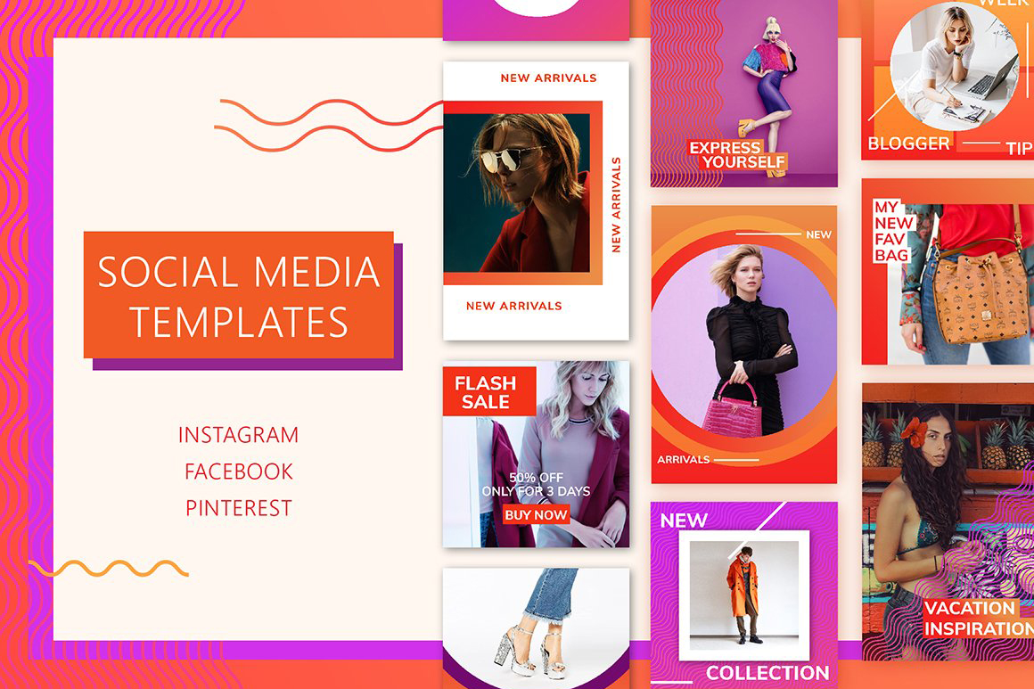 色彩明亮女性服装包包饰品电商营销海报朋友圈主图Instagram模板 Bright Social Media Kit插图