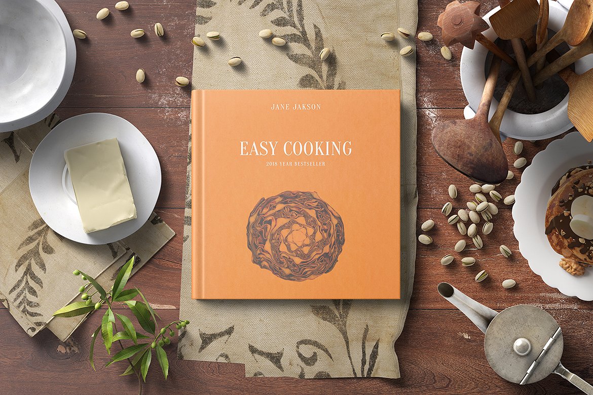 方形精装书设计提案展示样机 Square Hard Cover Cook Book Mockup插图