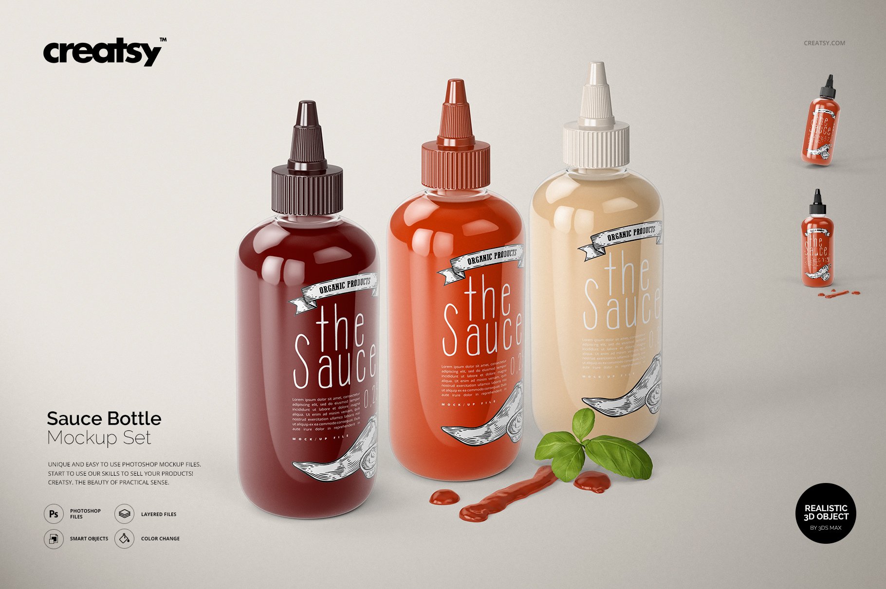 厨房调料沙拉酱番茄酱酱油瓶展示样机 Sauce Bottle Mockup Set插图
