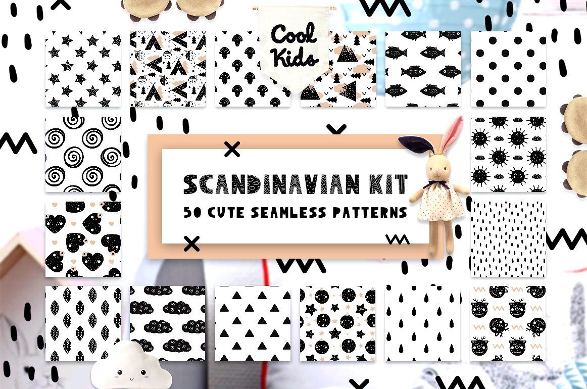 50款斯堪的纳维亚风格斑点几何动物矢量图集 50 Scandinavian Seamless Patterns插图