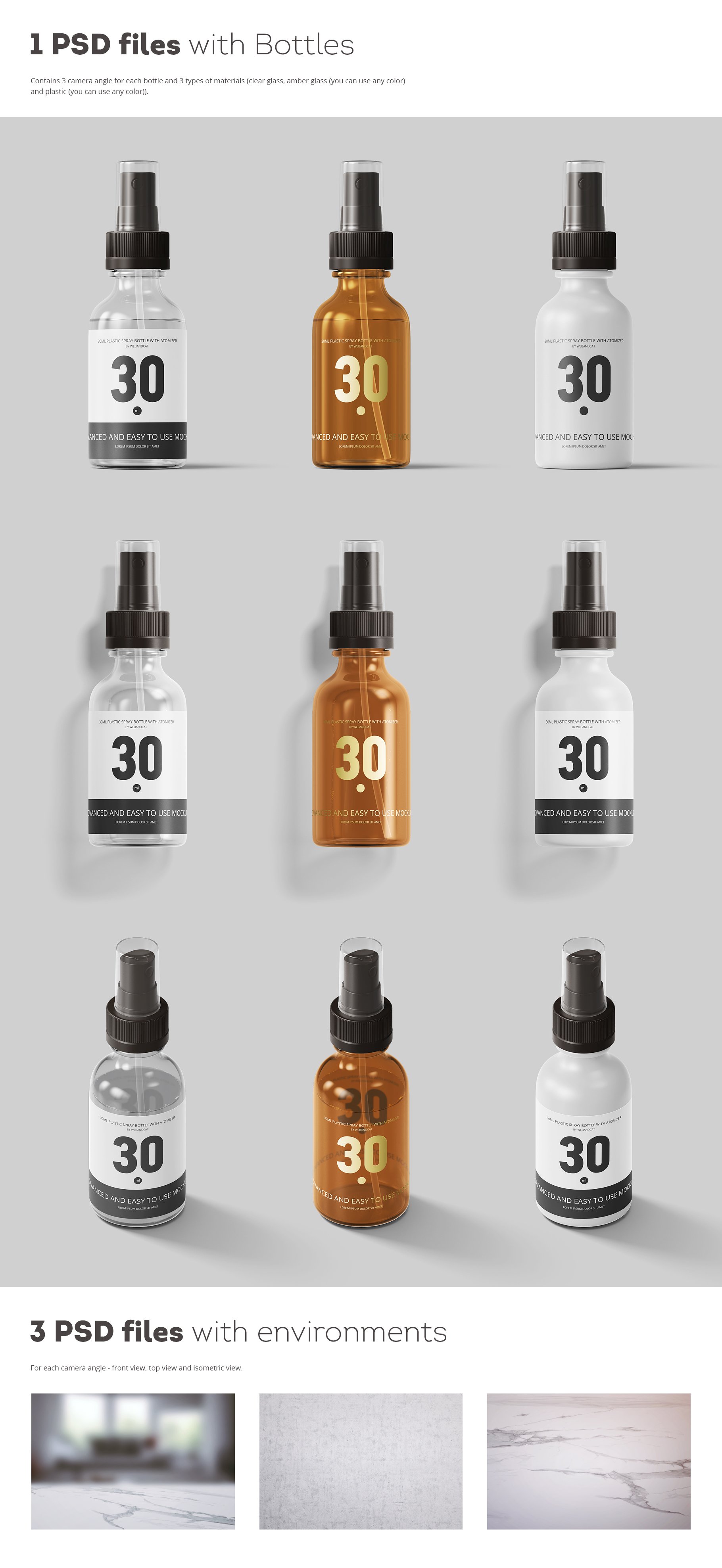 逼真的化妆品喷雾塑料瓶展示样机 Spray Bottles Mockup插图1