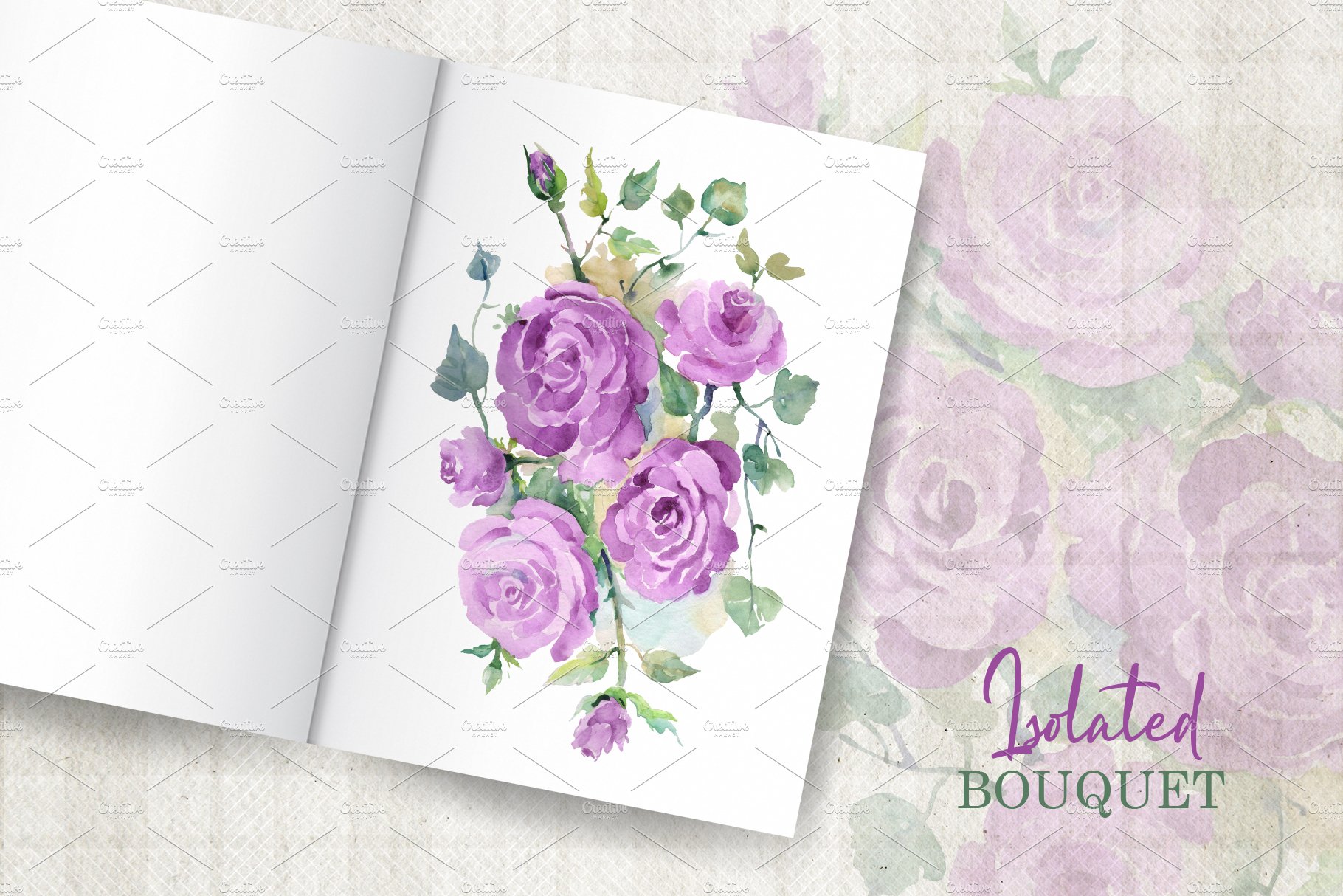 手绘紫色玫瑰花花束水彩PNG画集 Bouquet With Purple Roses Watercolor插图6