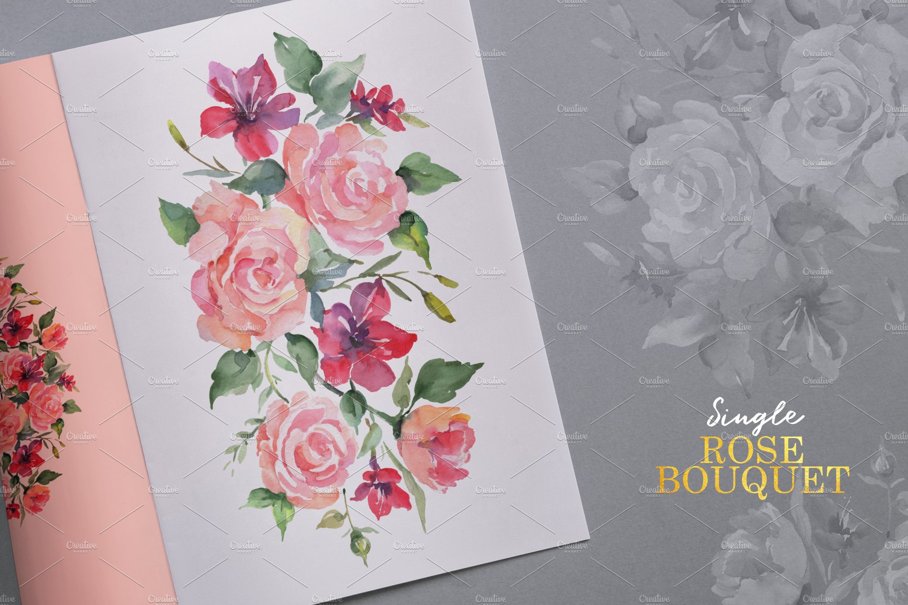 手绘粉红玛瑙玫瑰花花束水彩PNG画集 Bouquet With Watercolor Agate Roses插图8