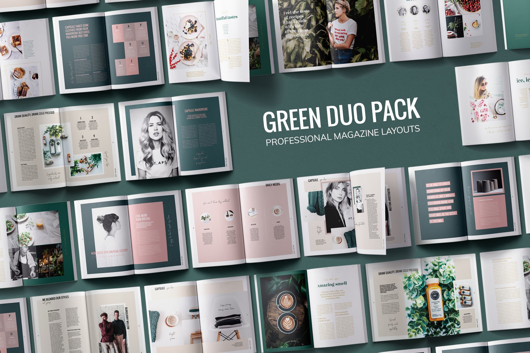 绿色烹饪料理男女服装营销INDD画册模板 Green Duo Pack Magazine Templates插图
