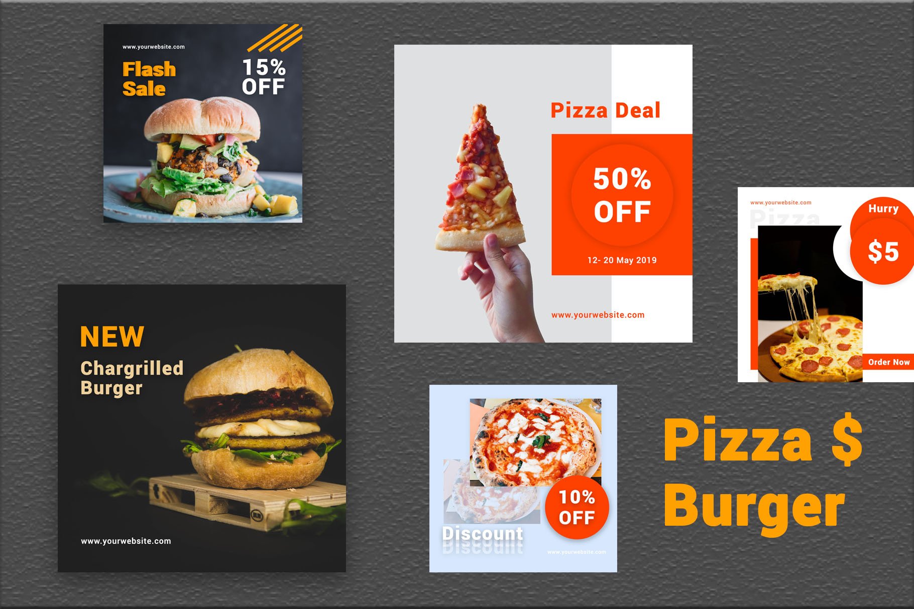 方形汉堡披萨营销PSD海报朋友圈INS风模板 Pizza & Burger- Social Media Bundle插图2