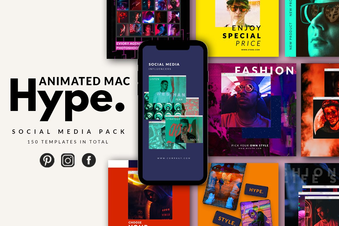 炫酷多彩霓虹灯效果科幻电影PSD海报朋友圈INS风模板 Animated Mac Hype Instagram Pack插图