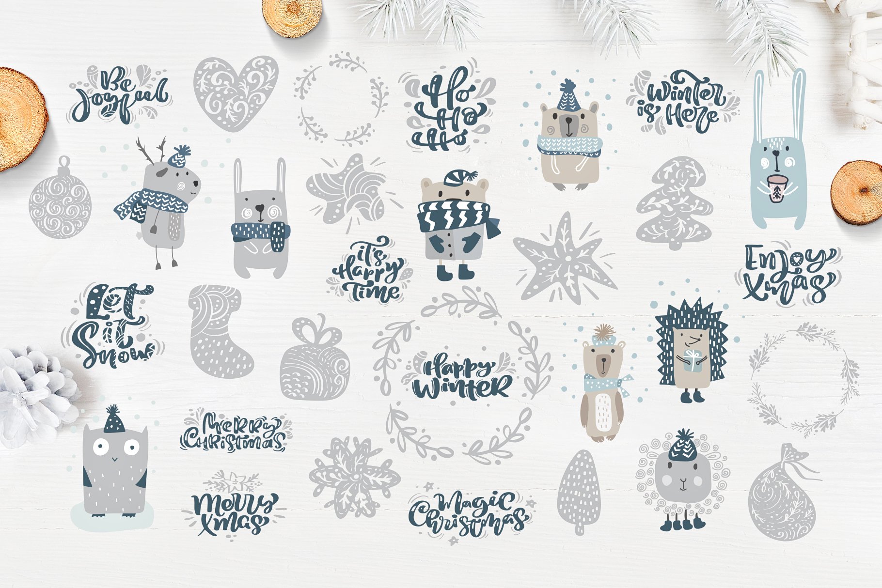 圣诞节斯堪的纳维亚风格熊松枝矢量图 Enjoy Xmas – Scandinavian Christmas插图1