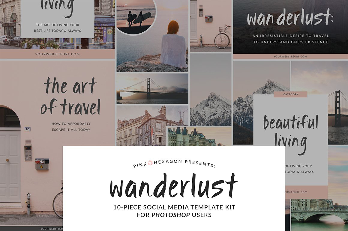 女性旅游摄影照片展示PSD海报Instagram模板 Wanderlust 10 Social Media Templates插图