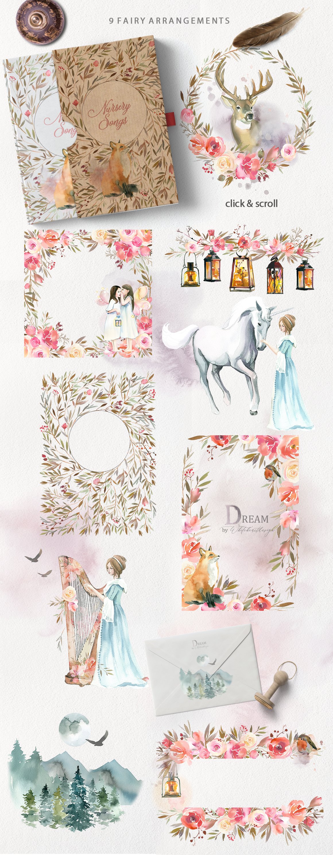 美丽的梦幻童话手绘动植物水彩插画合集&水墨纹理 dream – fairy