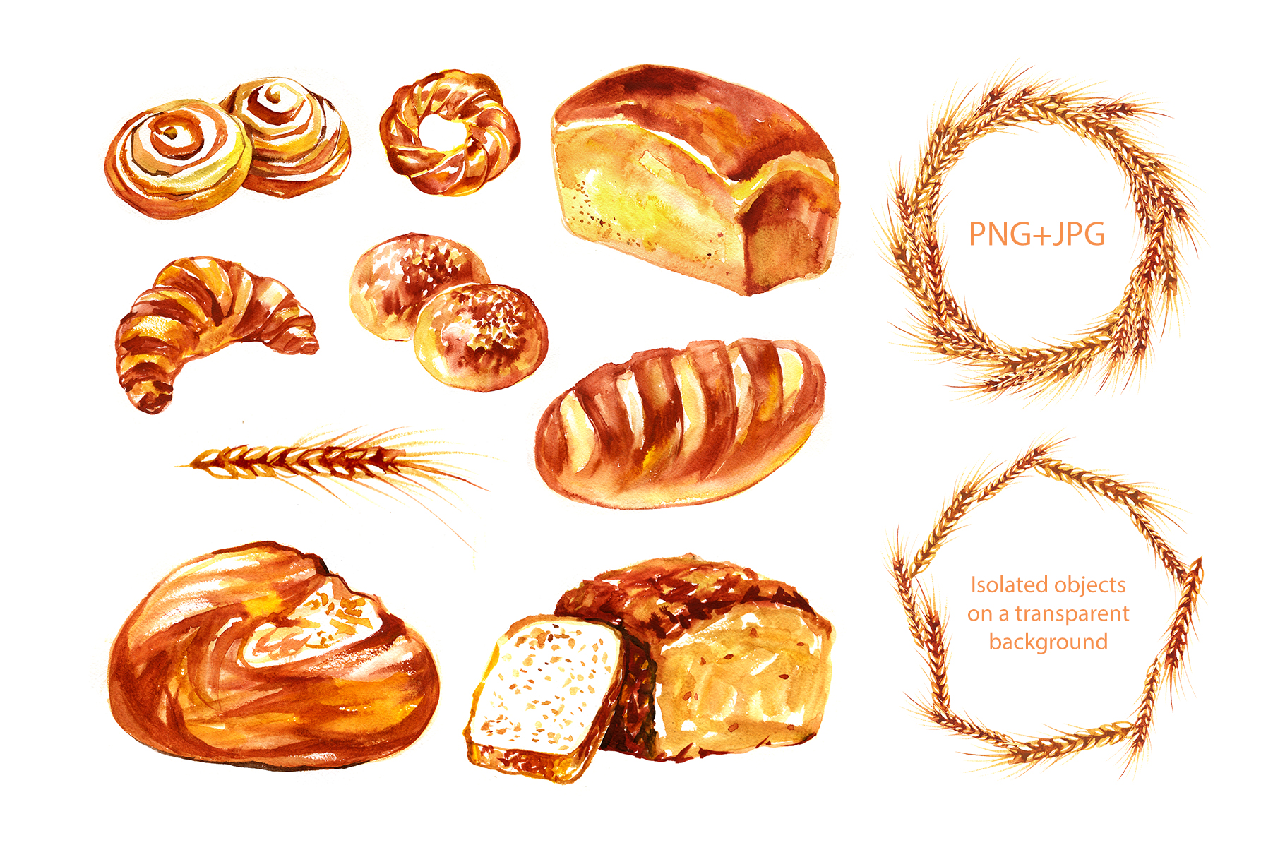 面包手绘水彩剪贴画合集 watercolor bread cliparts