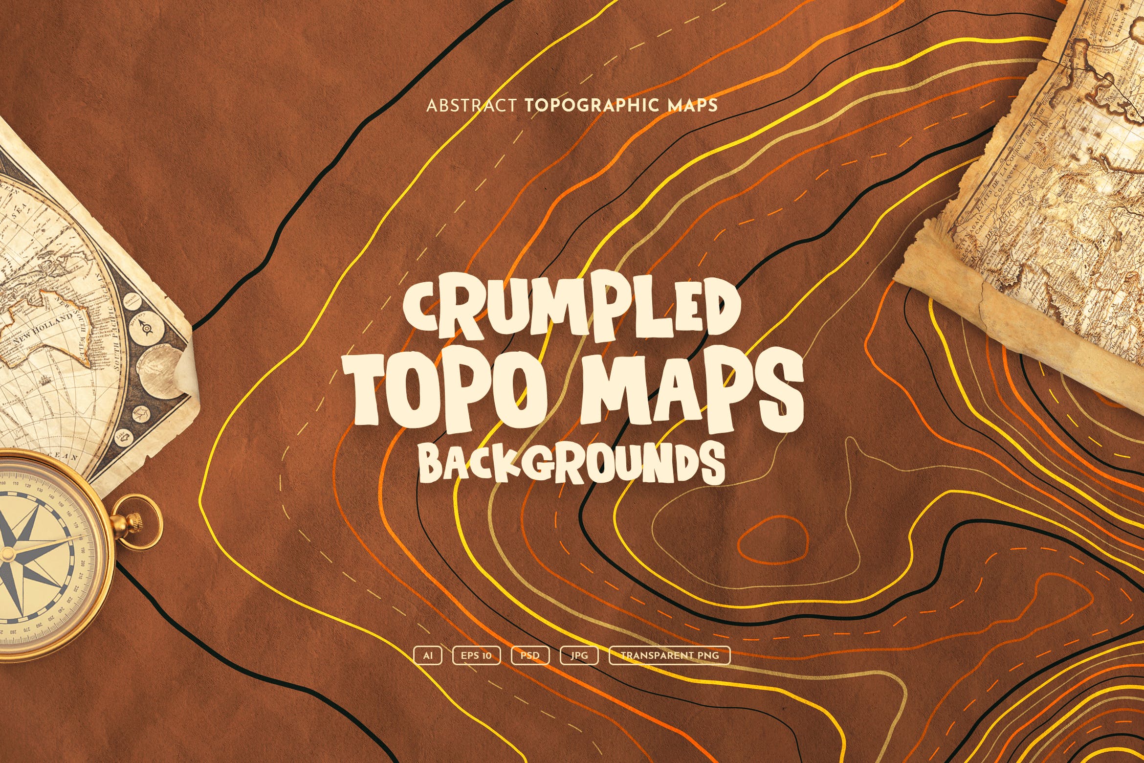 10款褶皱复古地图等高线矢量背景素材 crumpled topographic map