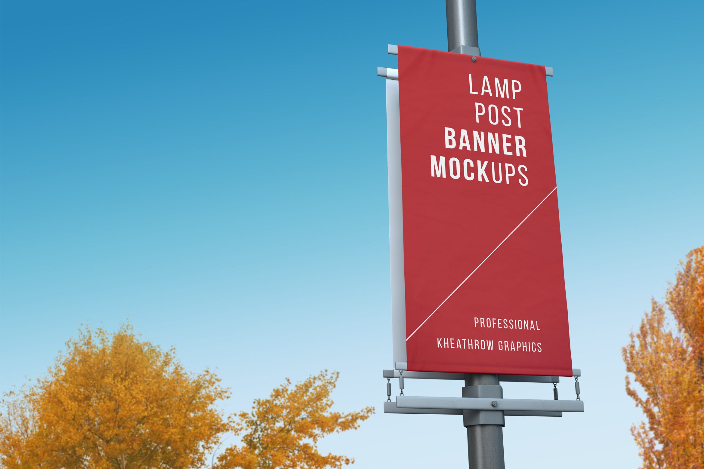 城市灯柱横幅条旗样机模板 city lamp post banners mockups