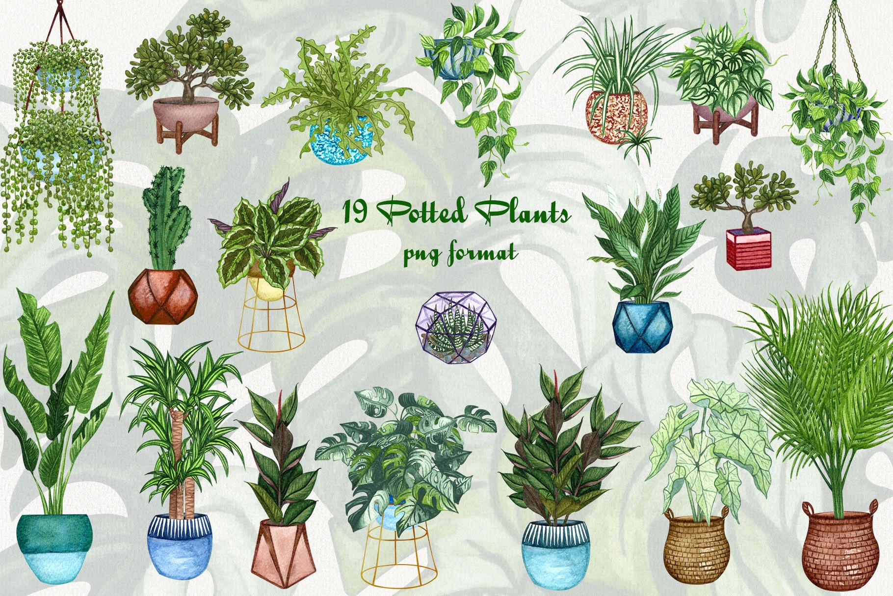 室内盆栽植物无缝隙水彩插画图案houseplantswatercolorclipart