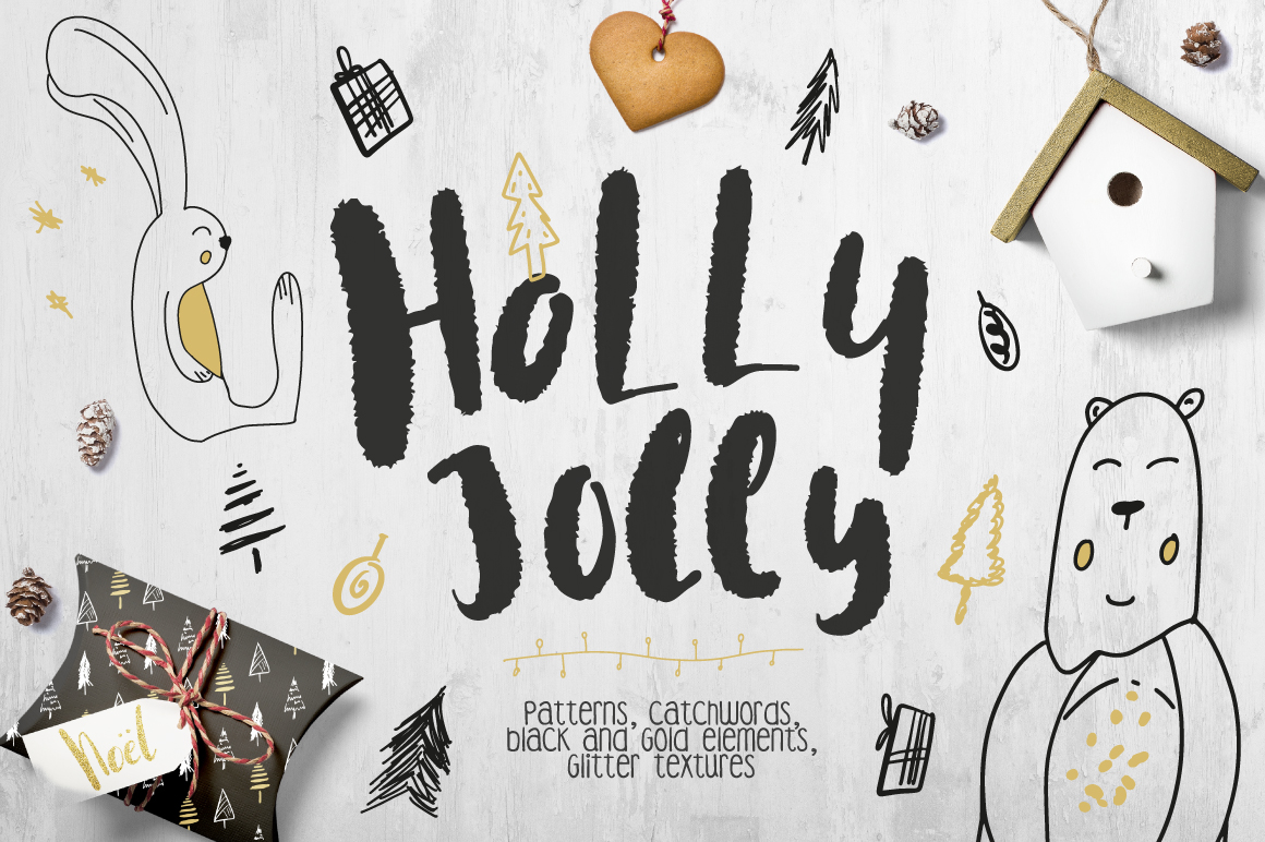 137款手绘抽象熊兔子动物装饰图案矢量素材 holly jolly collection