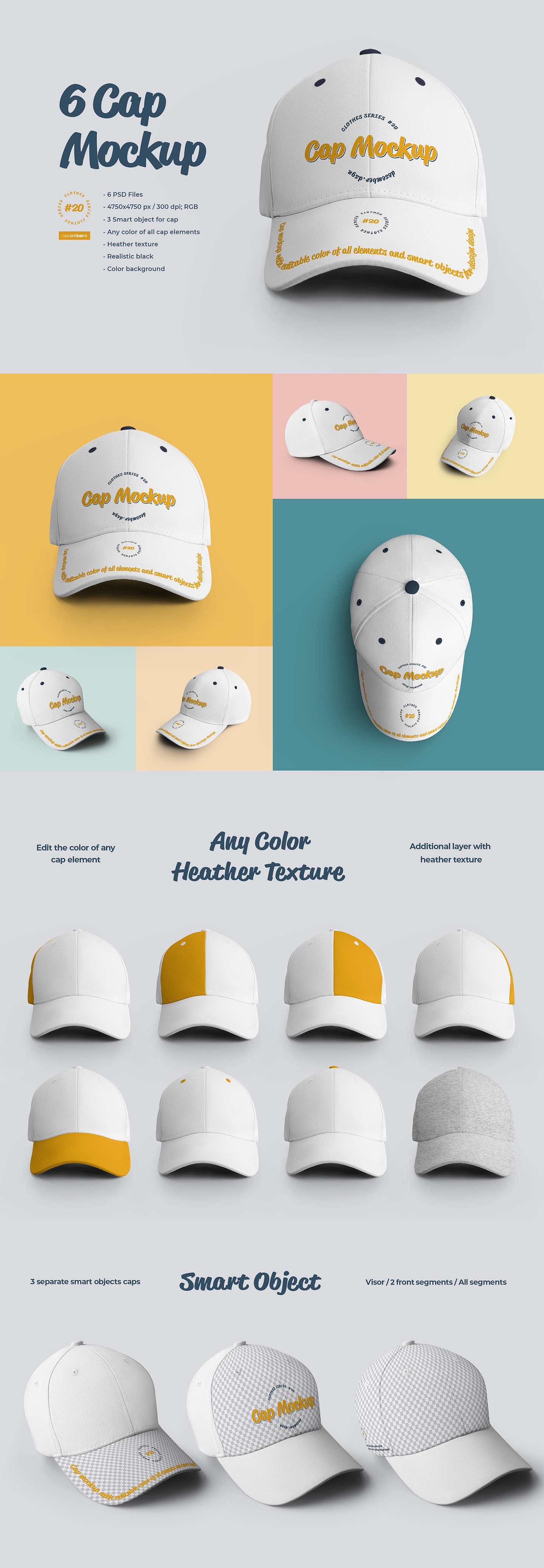 6款棒球帽设计展示样机模板6capmockups