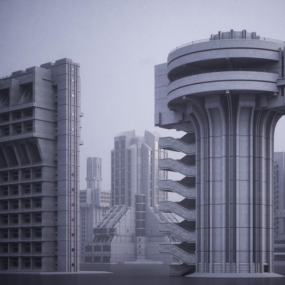 未来科幻电影城市混凝土玻璃建筑3d模型设计素材 kitbash3d–