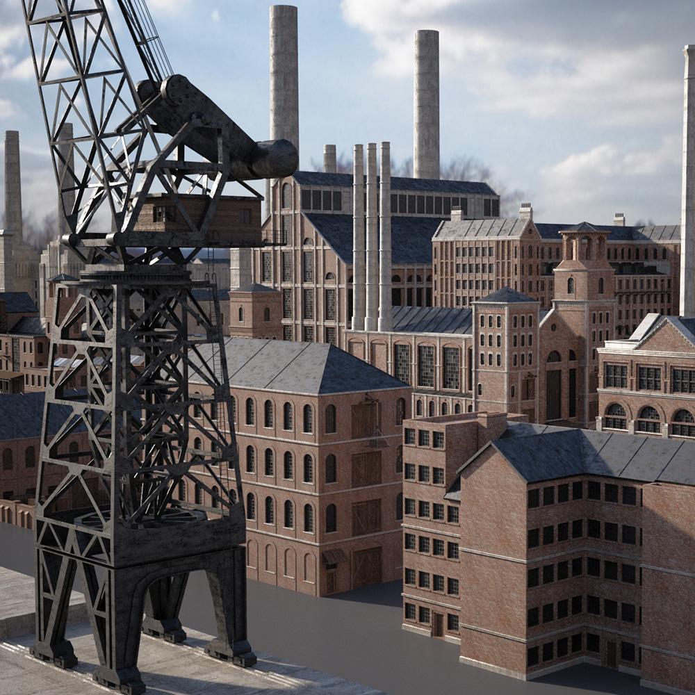 复古19世纪工业革命滚滚浓烟城市建筑3d模型素材kitbash3d–