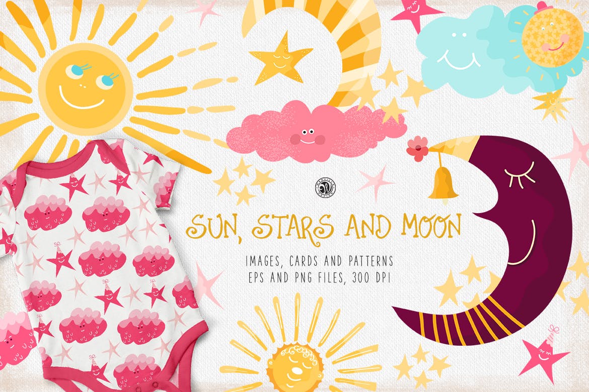 卡通太阳月亮星星印花图案设计矢量素材sunstarsandmoon