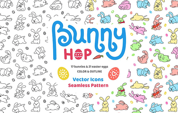 可爱的兔子复活节彩蛋图案集合 Bunny Hop Icons And Seamless Pattern