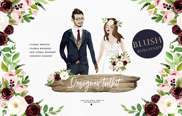 富有浪漫色彩的婚礼元素及图案 Watercolor Designer Toolkit