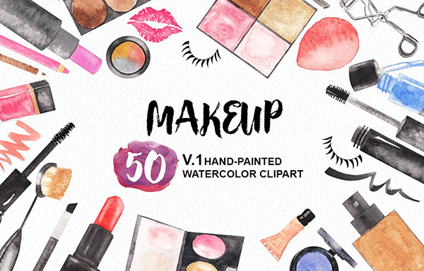 50款手绘水彩化妆品剪贴画集 50 Watercolor Makeup Cosmetics Set