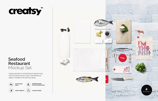 海鲜餐厅品牌设计展示样机集合 Seafood Restaurant Mockup Set