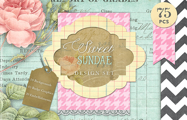 复古纸和糖果色设计元素套件 Sweet Sundae Design Kit
