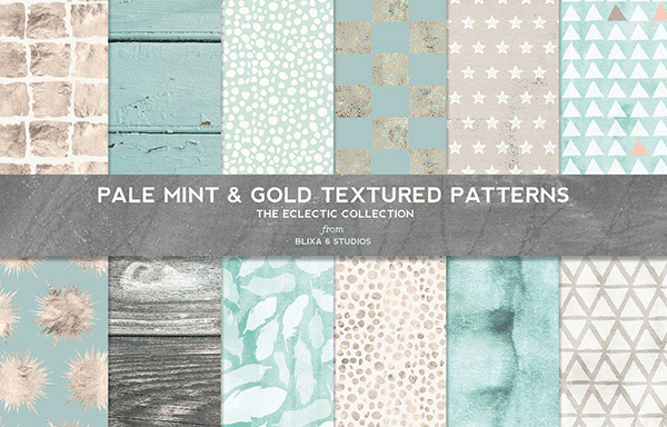 淡薄荷色&金色图案纹理 Pale Mint & Gold Textured Patterns