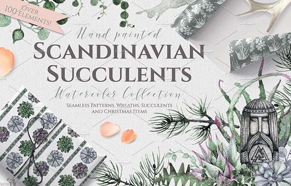 手绘水彩斯堪的纳维亚图案集 Watercolor Scandinavian Succulents