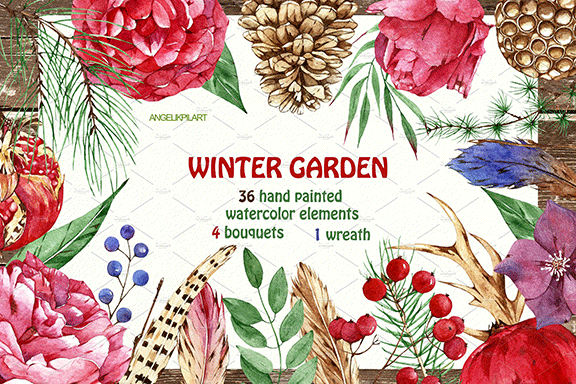 高品质手绘冬季花园水彩画集 Watercolor Set Winter Garden