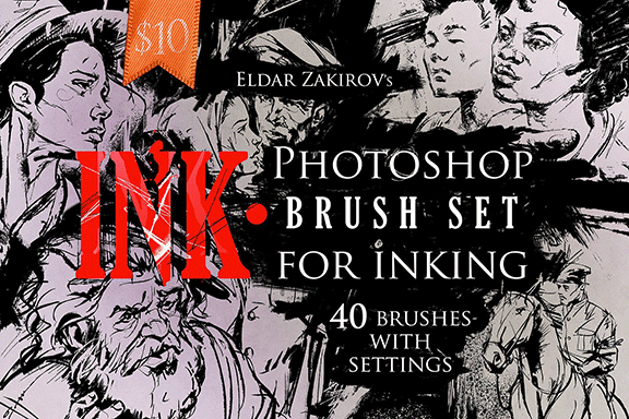 墨水喷溅效果的40种Photoshop笔刷&Photoshop动作  INK 40 Photoshop Brushes for Inking + Photoshop Action