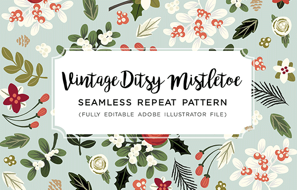 复古的手绘叶子花卉图案集 Vintage Ditsy Mistletoe Pattern