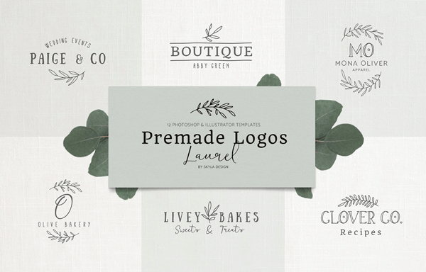 桂冠和橄榄枝标志展示样机 Premade Logo Bundle Laurel Feminine