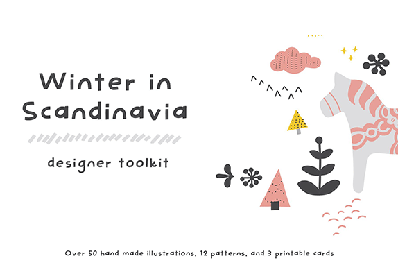 高分辨率手绘斯堪的纳维亚半岛的冬季插图 High Resolution Hand Drawn Scandinavian Winter Illustration