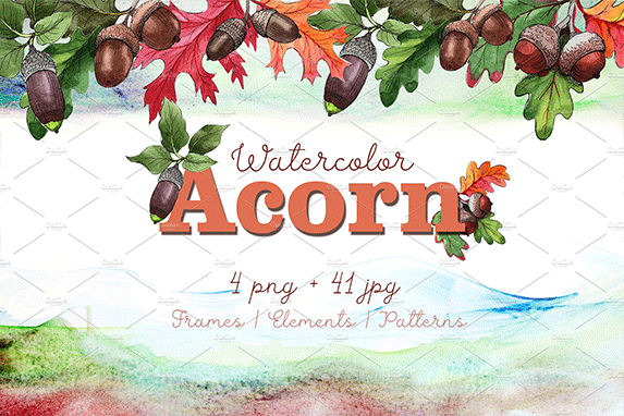手绘秋天橡子叶子和植物水彩画PNG集合 Autumn Acorn Leaf And Plant PNG Watercolor Set