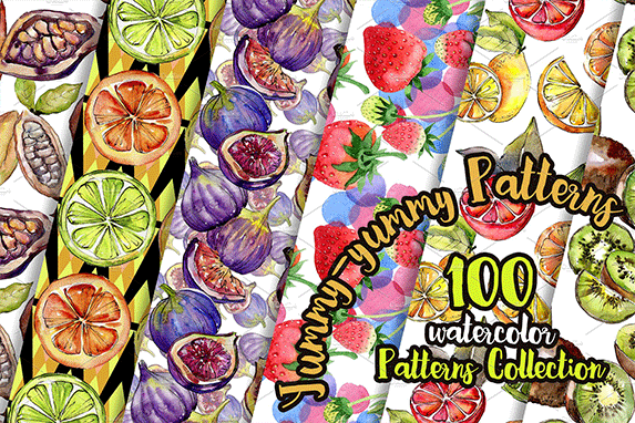100美味的手绘水果水彩画集 100 Yummy Patterns Of Fruits JPG Watercolor Set