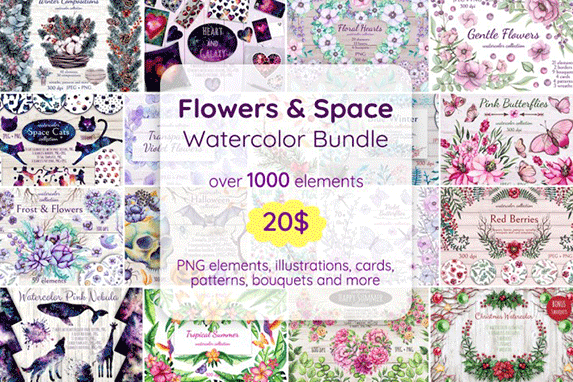 超高分辨率的手绘花圈花朵水彩画集 Flowers And Space Watercolor Bundle[4.38G]