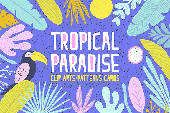 热带天堂夏季矢量动植物图案套装 Tropical Paradise Summer Vector Animal and Plant Pattern Set