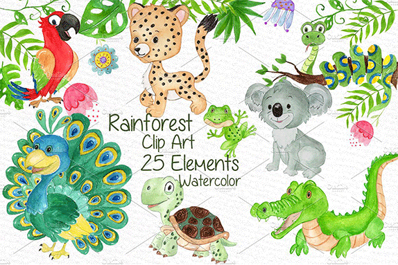 25个高质量的手绘水彩卡通动植物物PNG剪贴画集 25 High Quality Hand-Painted Watercolor Cartoon Animals And Plants PNG Clip Art Set