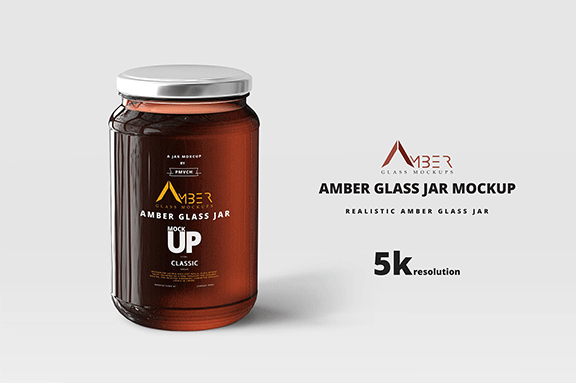 蜂蜜罐头LOGO标签设计提案玻璃瓶展示样机PSD智能贴图模板 Amber Glass Jar Mockup