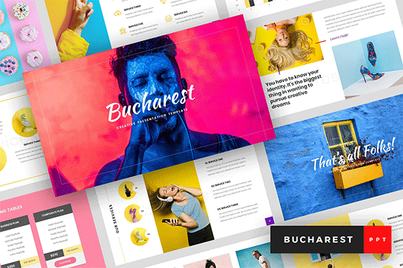 现代艺术气息公司介绍项目策划设计提案幻灯片模板 Bucharest – Creative Powerpoint, Keynote and Google Slides Templates