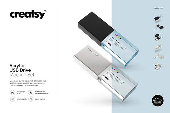 品牌设计提案办公文创优盘展示样机PSD智能贴图模板 Acrylic USB Drive Mockup Set