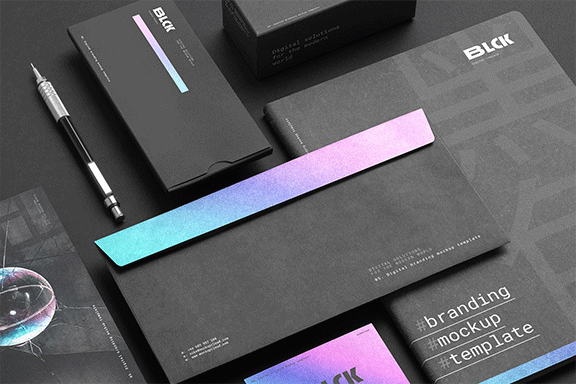暗黑色特种纸效果品牌VI设计提案办公文创名片信封展示样机  Blck Branding Mockup Kit