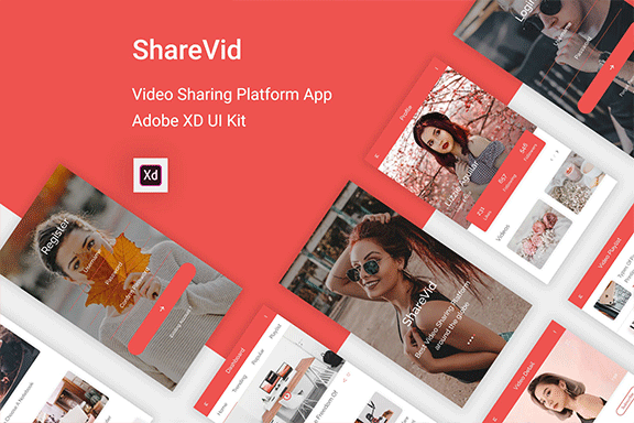 简约的视频共享平台手机APP UI工具包 ShareVid – Video Sharing Platform App for Adobe XD