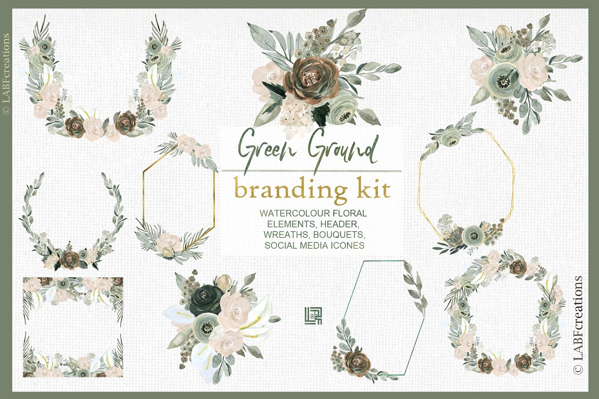 优雅浪漫别致大地色彩花卉玫瑰月季水彩画剪贴画 Green ground. Watercolor flowers插图5