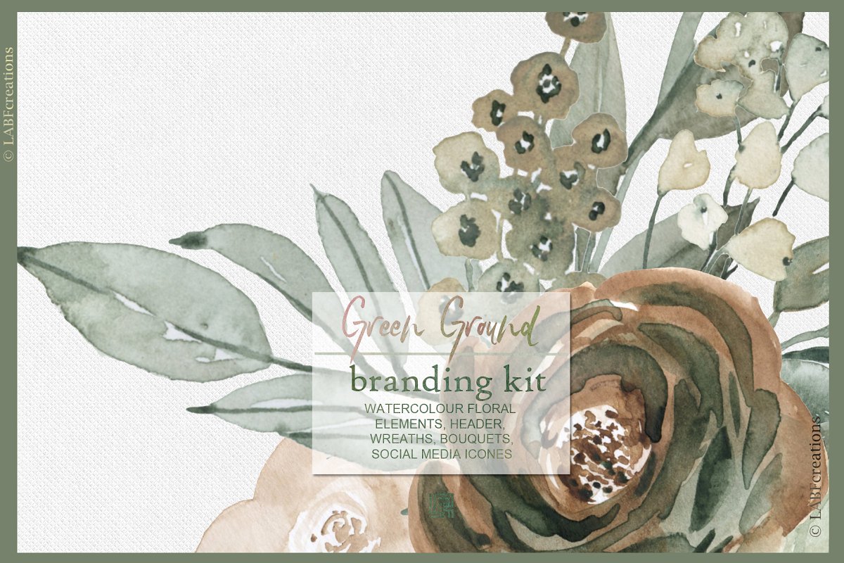 优雅浪漫别致大地色彩花卉玫瑰月季水彩画剪贴画 Green ground. Watercolor flowers插图7