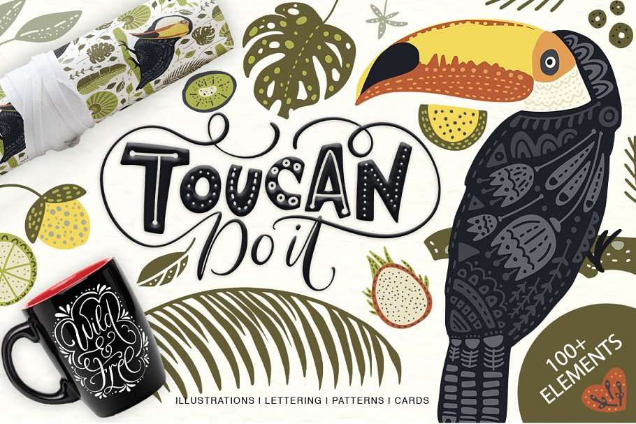 黑白色手绘巨嘴鸟民间艺术矢量EPS图案集 Toucan. Folk Art Graphic Set.插图
