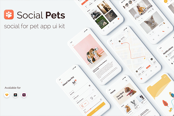 简约宠物猫咪狗狗手机App UI工具包 Social Pets App UI Kits