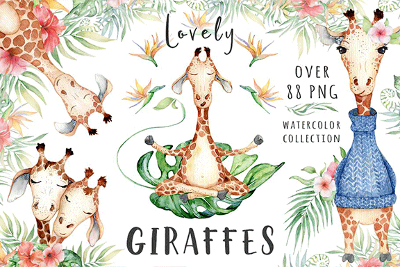 可爱热带动物长颈鹿水彩PNG画集 Lovely Giraffes watercolor set