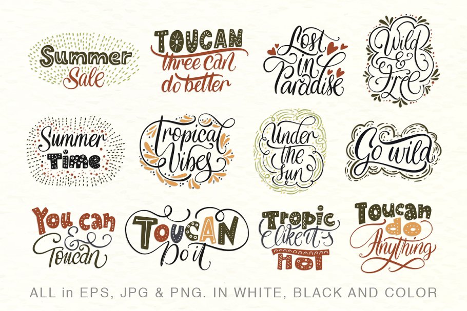 黑白色手绘巨嘴鸟民间艺术矢量EPS图案集 Toucan. Folk Art Graphic Set.插图1